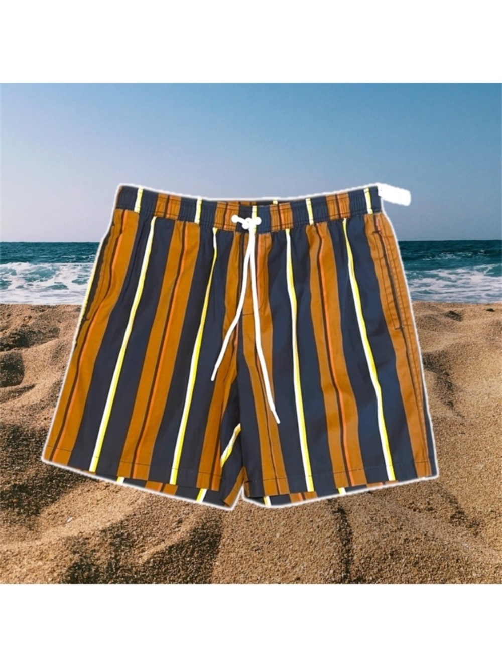 Navy and Mustard Striped Swim Trunks with Elastic Waistband